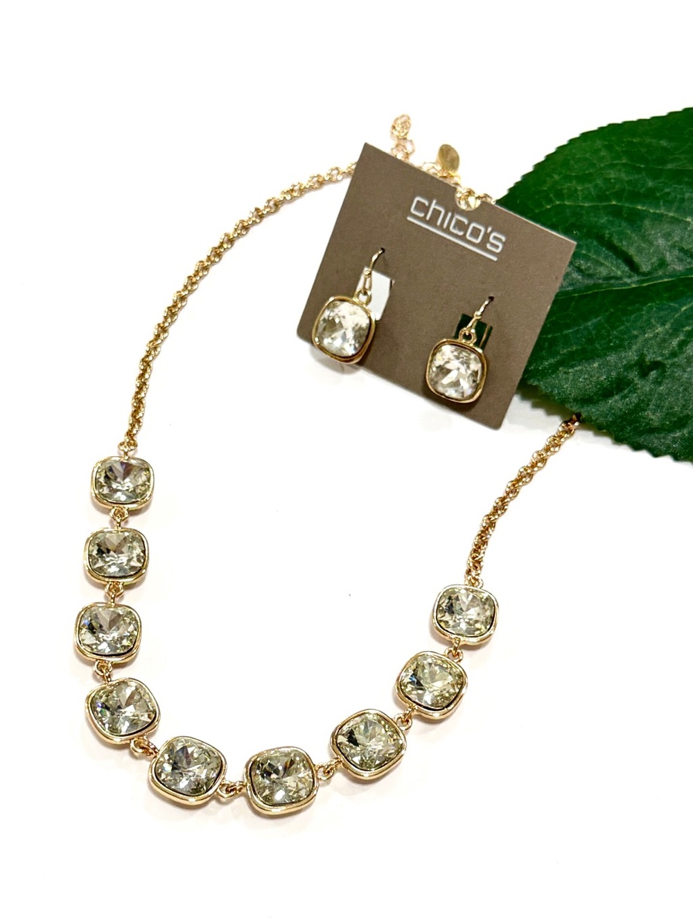 CHICO’S Crystal Gold-Tone Necklace & Earrings Set NWT
